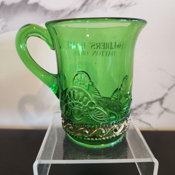 EAPG Antique Green Glass Mugs Colorado Lacy Medallion Gold Set 2 Souvenir MI OH - Picture 8 of 10